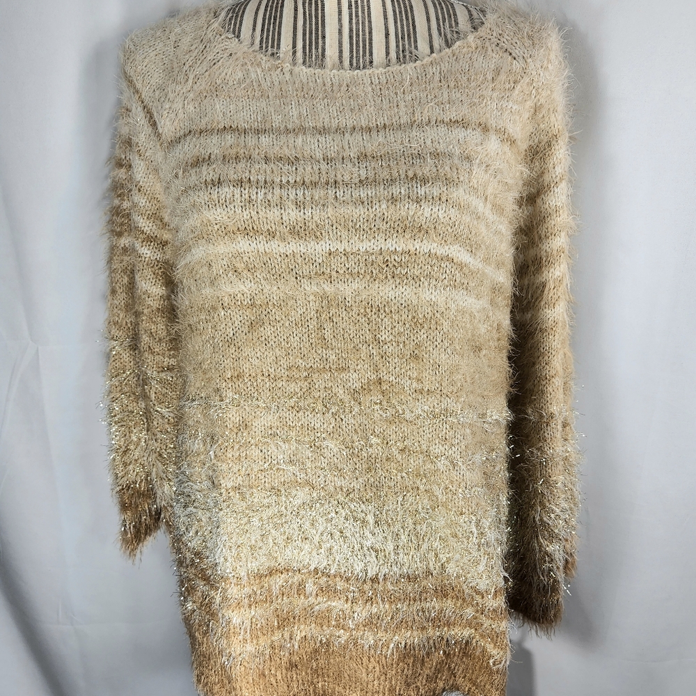 Ruby Rd Tan White & Gold Long Sleeve Act Natural Fuzzy Sweater Size Large